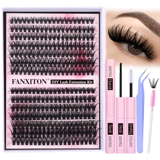 [BRSROGIZBMBAEYIV] FANXITON DIY Individual Eyelash Extension Kit, Thick Volume Lash Clusters 40D+50D D Curvature, 280 Pieces Thin Band Cluster Lashes with Bond and Seal Tweezers