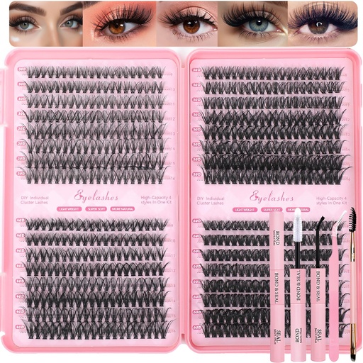 [BRSREZ32CQPGOEYZ] Lash Clusters Kit, 640 Pcs Eyelashes Clusters Extensions Kit 9-16mm Individual Lashes D Curl Fluffy Wispy False Eyelashes Thin Band with Bond Seal Tweezers Brush DIY (30D+40D+50D+60D Kit 9-16mm)