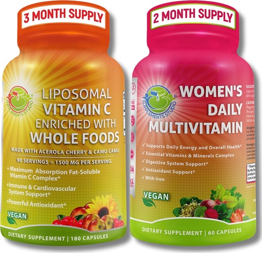 [BRSRAHAYCN7B4HQ3] Antioxidant & Immunity Support Bundle - Liposomal Vitamin C 1500mg with Organic Acerola Cherry & Camu Camu + Women's Daily Multivitamin with Iron, Superfoods, Probiotics & Enzymes – Vegan, Non-GMO