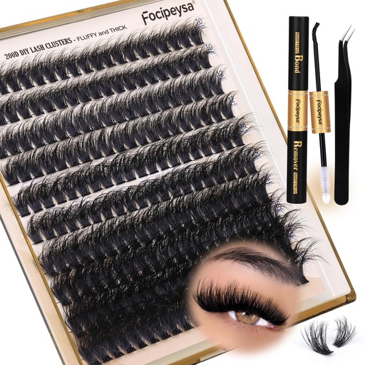 [BRSROHYKDEMB4E34] Focipeysa Lash Extension Kit Thick Eyelash Extension Kit 10-18mm Fluff Volume Lash Clusters 200D Individual Eyelashes Kit with Lashes Bond, Lashes Remover, Lash Tweezers, DIY Lash Extension