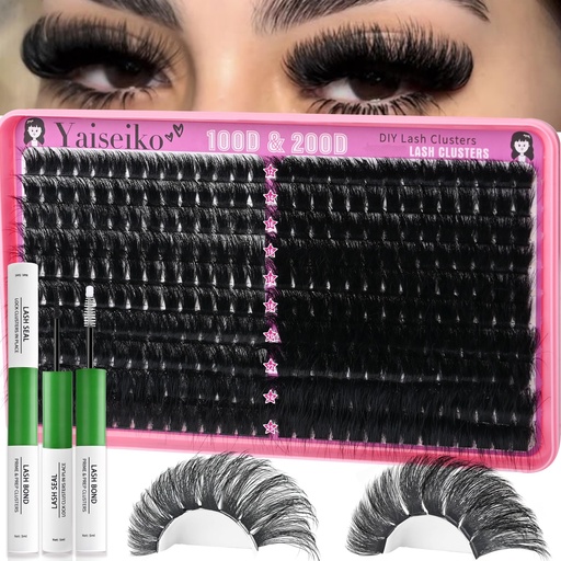 [BRSRAAT5BVYRGFL7] Yaiseiko Lash Clusters Kit 100D+200D Thick Volume Eyelash Clusters Kit 12-25mm Wispy Individual Lashes D Curl Long Cluster with Lash Bond and Seal Waterproof DIY Lash Extension Kit(KIT-280PCS)