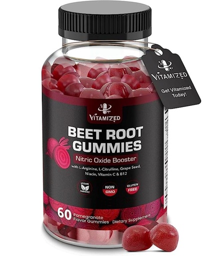 [BRSRMHYTBNYGMHLU] Beet Root Gummies - Super Nitric Oxide Beets Supplement - Red Beetroot Heart Chews with Grape Seed Power & B12- Pomegranate Flavor, 60 Chewables Beets