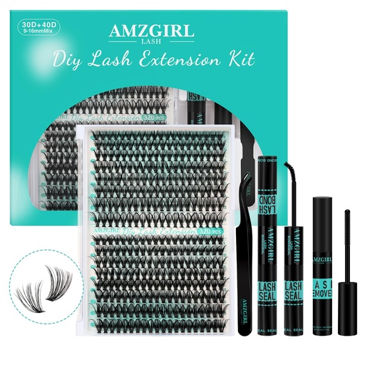 [BRSROGIZPMFBMFLG] AMZGIRL LASH Clusters Kit 320Pcs, DIY Individual Extensions with Lash Bond and Seal, Remover For False Eyelashes, Applicator Tool Kit At Home(3040D,D-Mix9-16mm, Black