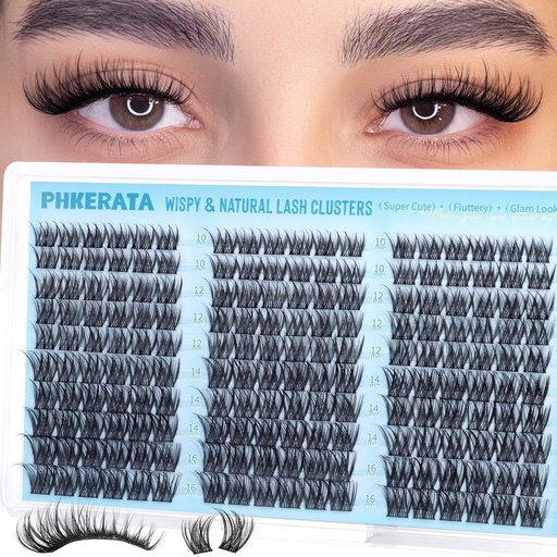 [BRSREAIKAVYGEALK] PHKERATA Wispy Lash Clusters Natural Eyelash Clusters Extensions C Curly Individual Lashes Clusters DIY Eyelash Extension with Wide Soft Thin Band,10-16MM,180Pcs