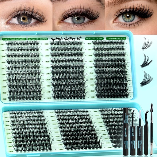 [BRSRGGT7AEAWOYDB] 600 Pcs Wispy Lash Clusters Kit, D Curl Lashes Clusters Natural Look 9-16mm Individual Super Thin Band DIY Cluster Eyelash Extensions Kit with Bond Seal Tweezers Brush (30D 40D 50D Mix)