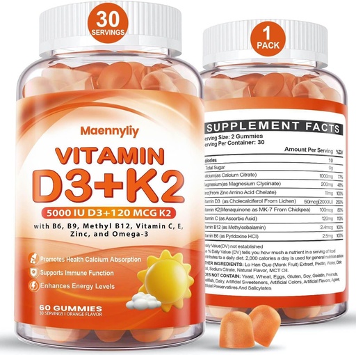 [BRSRAZL2OUPGKDTO] Vitamin D3 K2 Gummies for Adults - Vitamin D3 5000IU + K2 (MK-7) 120mcg - Sugar-Free D3 and K2 Supplements with Omega-3, Methyl B12, B9, B6, Vitamins E & Zinc - for Calcium Absorption & Immune Health
