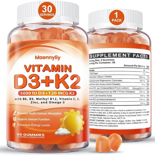 [BRSRAZL2OUPGKDTO] Vitamin D3 K2 Gummies for Adults - Vitamin D3 5000IU + K2 (MK-7) 120mcg - Sugar-Free D3 and K2 Supplements with Omega-3, Methyl B12, B9, B6, Vitamins E & Zinc - for Calcium Absorption & Immune Health