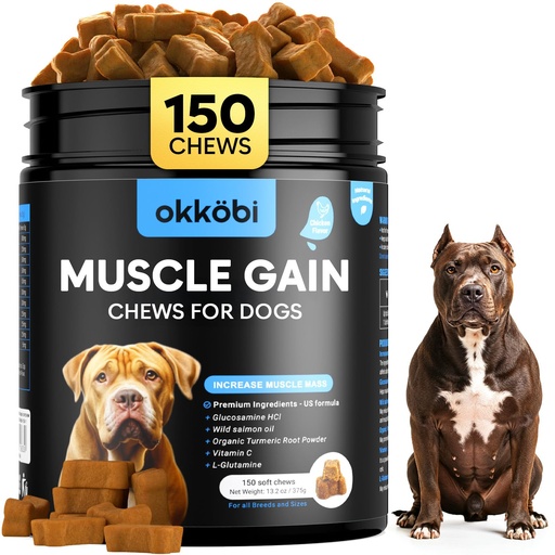[BRSREEA3BUBWCCD4] 11-in-1 Muscle Gain Chews - Weight Gain Supplements for Dogs with High Protein & Amino Acids - Premium Muscle Builder for Bully & All Breeds - Healthy for Puppies - 150 Chews - Chicken