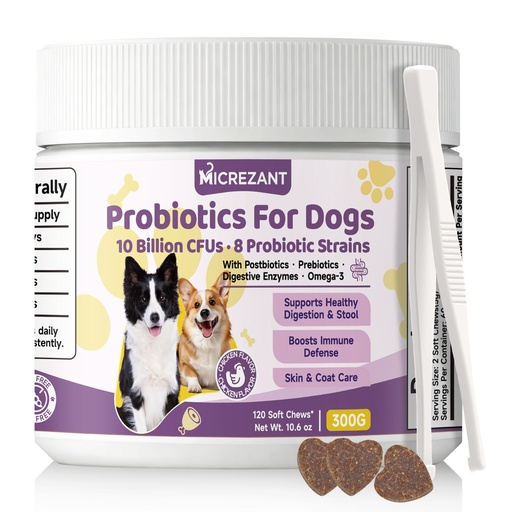 [BRSRGZITAUCGOEYZ] Probiotics for Dogs with Feeding Tweezers, 10 Billion CFUs Chews for Gut & Digestive Health, Itchy Skin & Ears, Diarrhea Relief & Immune Support with 8 Probiotic, Prebiotics, Chicken, 120 Ct/300g
