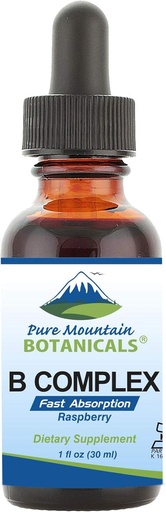 [BRSWYYITOAPBU2D7] Pure Mountain Botanicals Liquid Vitamin B Complex - Raspberry Flavor Kosher B Complex Vitamin with B12, B6, Thiamin, Biotin, Niacin - 1oz Bottle