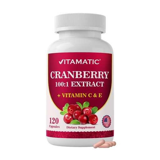 [BRSRGBLQOAHBYAI6] Vitamatic Cranberry 500 mg 100:1 Extract (2 Capsules) with Vitamin C & E – 120 Veg Capsules – Urinary Tract & Bladder Support Supplement – Non-GMO, Gluten Free, Made in USA