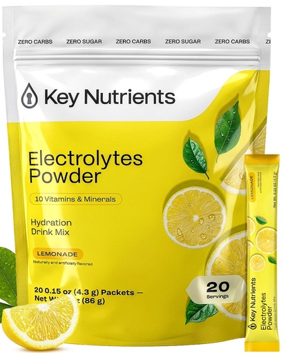 [BRSRECQEAECQE336] KEY NUTRIENTS Electrolytes Powder Packets - Multivitamin Lemonade 20 Pack Hydration Packets - Travel Hydration Powder - Improved Refreshing Taste - Made in USA - No Sugar, No Calories, Gluten Free