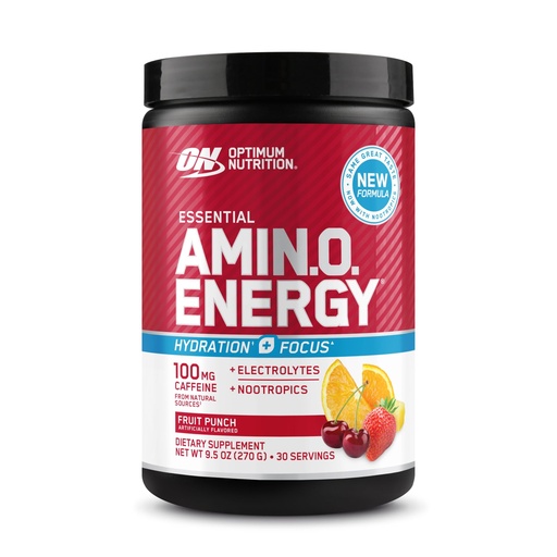 [BRSREGABDIAQ2YI7] Optimum Nutrition Amino Energy Powder Plus Focus, with BCAA, Electrolytes, and Caffeine, Fruit Punch, 30 Servings (Packaging May Vary)