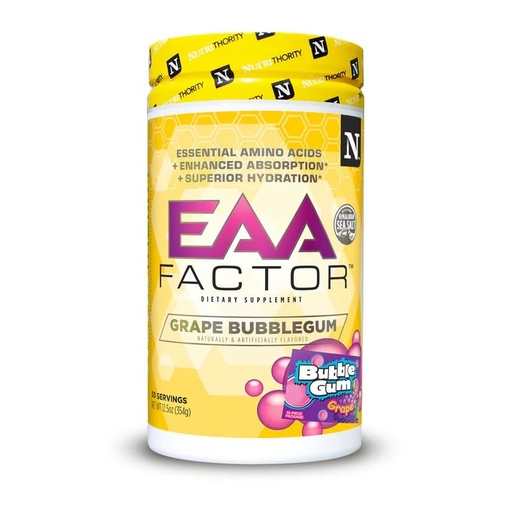 [BRSRAAIOAUNWMHT5] Nutrithority EAA Factor, BCAA Essential Amino Acids Powder, 30 Servings - Sugar & Caffeine Free Intra & Post Workout Drink with Electrolytes - Improve Muscle Recovery & Hydration (Grape Bubblegum)