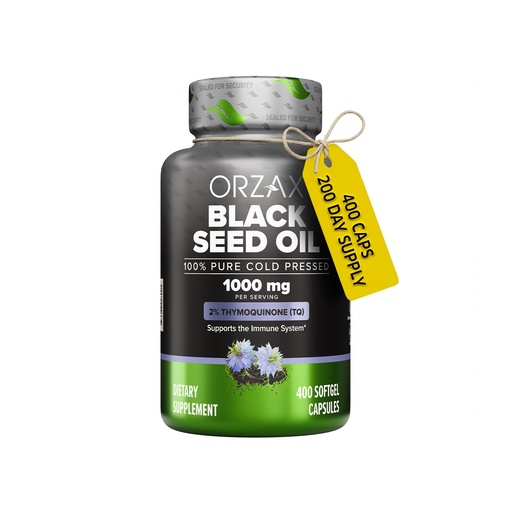[BRSRGAL2PIPBA2TG] ORZAX Black Seed Oil 1000mg - 2% Thymoquinone, Cold Pressed Nigella Sativa (Black Cumin Seed), Non-GMO, Omega 3 6 9, 400 Softgels, 200 Day Supply