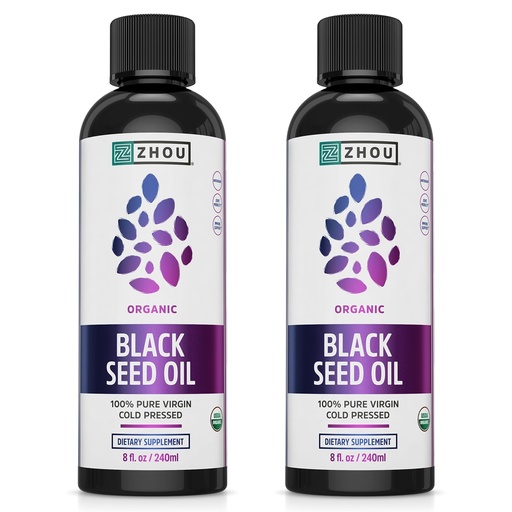 [BRSREFIEOECWKDLP] ZHOU Organic Black Seed Oil - Black Cumin Seed Oil Cold Pressed, Nigella Sativa, Pure Unrefined Blackseed Liquid, Premium Supplement for Health with Thymoquinone, Omega 3 6 9-8 Fl Oz (Pack of 2)