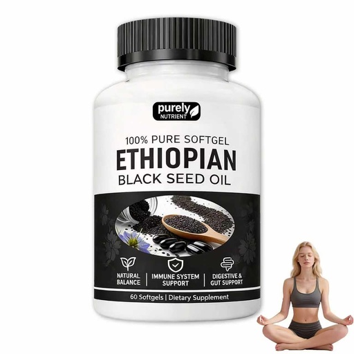 [BRSRGBQFCRYR4DT7] Purely Ethiopian Black Seed Oil Capsules, Purely Nutrient Ethiopian Black Seed Oil with 4.64% Thymoquinone, Immune Support, Organic Cold Pressed, Non-GMO, Gluten-Free, 60 Softgels(1 Bottle)