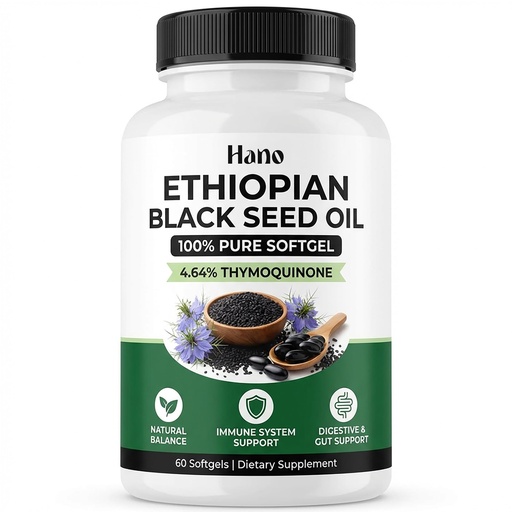 [BRSRGAALOQDWEALK] Hano Ethiopian Black Seed Oil Capsules with Cold Pressed Nigella Sativa Seed Oil, 4.64% Thymoquinone Plant Based Botanical Supplement, Non GMO, 60 Softgels (1)