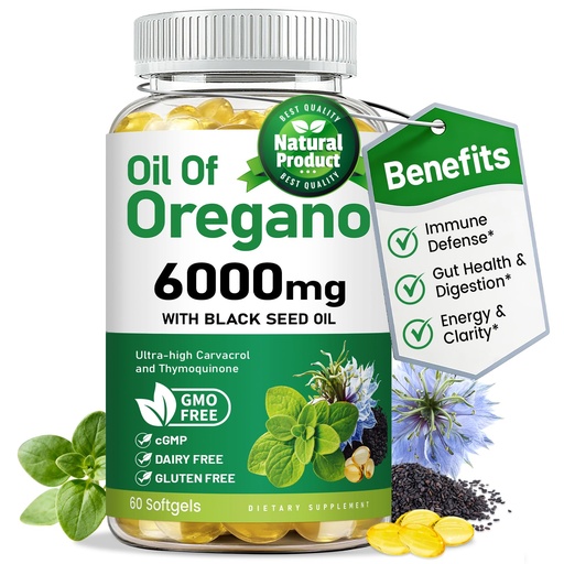[BRSREGTYPMGQOCTD] vivcmin Oil of Oregano Softgels with Black Seed Oil, Oregano Oil Capsules for Immune & Digestive Support, Retains Carvacrol & Thymoquinone, Non-GMO, Gluten Free, 60 Softgels
