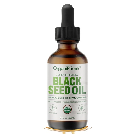[BRSREC32BZ5AGCA2] OrganiPrime Organic Black Seed Oil 2oz – High 3% Thymoquinone Content, Cold-Pressed Nigella Sativa From Turkey, USDA Organic, Vegan, Glass Dropper Bottle