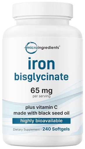 [BRSRGYYKDJ4GOYDD] Micro Ingredients Iron Bisglycinate 65 mg Per Serving, 240 Softgels | Iron Supplement for Women & Men | Chelated Formula with Vitamin C & Black Seed Oil | Non-GMO, Gluten Free