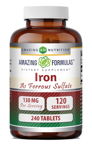 [BRSWKYIOCMMWOGTY] Amazing Formulas Iron as Ferrous Sulfate Supplement | 130 Mg per Serving | 240 Tablets | Non-GMO | Gluten-Free | Made in USA