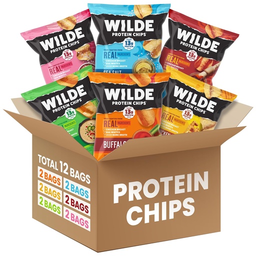 [BRSRM2Y6A4JWGEQU] WILDE Protein Chips Variety Pack, High Protein Snacks for Adults, Keto Chips, Gluten Free, Low Carb Snack Box Made with Real Ingredients 1.34oz Bags, Pack of 12