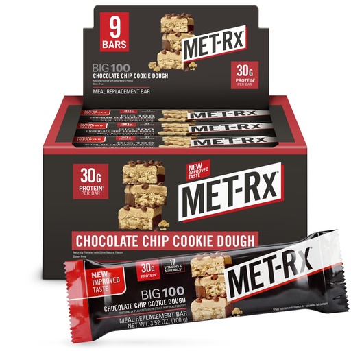 [BRSWIBIGAEMRQEDI] MET-Rx Big 100 Colossal Protein Bars, Chocolate Chip Cookie Dough Meal Replacement Bars, 9 Count (Pack of 1)