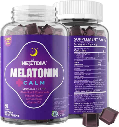 [BRSRM2QNOR5A4GQZ] Melatonin Gummies 3mg 5mg 1mg - Healthy Calm Cycle Support with 5HTP, L-Theanine, Lemon Balm, Chamomile, Passion Flower, Vitamin D3 for Immune Support - Low Sugar, Gelatin Free, Vegan - 60 Counts