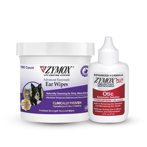 [BRSROBQNOV5AIDTA] Zymox Enzymatic Ear Wipes and Otic Plus Advanced Ear Solution for Dogs and Cats - Product Bundle - for Dirty, Waxy, Smelly Ears and to Soothe Ear Infections, 100 Count Wipes and 1.25oz Bottle