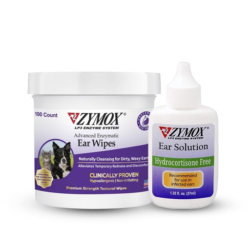 [BRSROBQ3DJ7RYETL] Zymox Enzymatic Ear Wipes and Ear Solution w/no Hydrocortisone for Dogs and Cats - Product Bundle - for Dirty, Waxy, Smelly Ears and to Soothe Ear Infections
