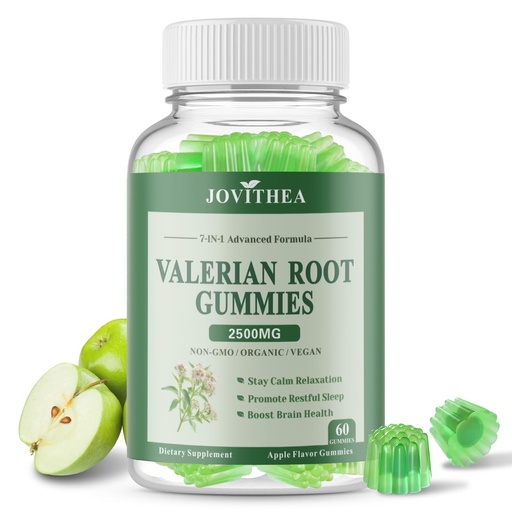 [BRSREYYFCMMQKGQ2] Organic Valerian Root Gummies, Herbal Supplements for Calm & Relaxation, Natural Sleep Support for Adults & Kids, Melatonin Free, Vegan, Non-GMO, Gluten Free, Apple Flavor, 60 Count