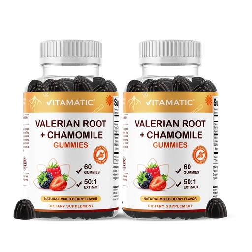 [BRSRGYYRB4JWYD3X] Vitamatic Valerian Root & Chamomile Gummies – Plant-Based Botanical Extract – Mixed Berry Flavor – Vegan, Non-GMO, Gluten-Free – Herbal Supplement – 60 Count (120 Count)