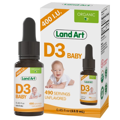 [BRSW2BQ6CN5BAYA4] Land Art - Certified Organic Vitamin D3 Drops Baby – 400 IU per Drop – 490 Servings – Supports Bone & Teeth Development – Vitamin D Drops for Infants & Toddlers – GMO-Free - Gluten-Free – 0.45 fl oz