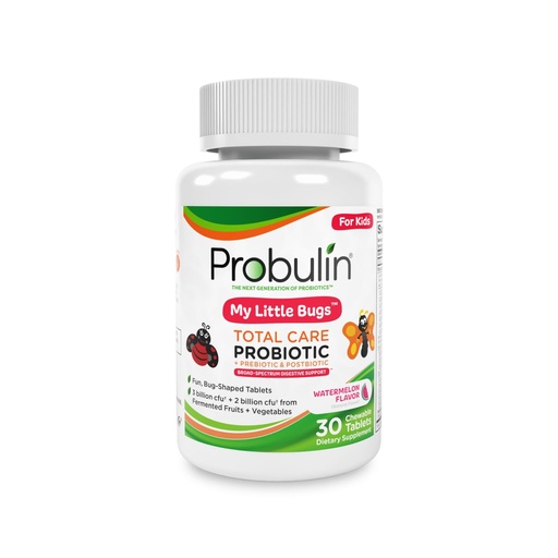 [BRSWGAD6OYNB6H32] Probulin Total Care Kids Probiotic Chewable Tablets, My Little Bugs Prebiotics, Probiotics, and Postbiotics Chew Supplements, 5 Billion CFU, 15 Strains, 30 Count Bottle