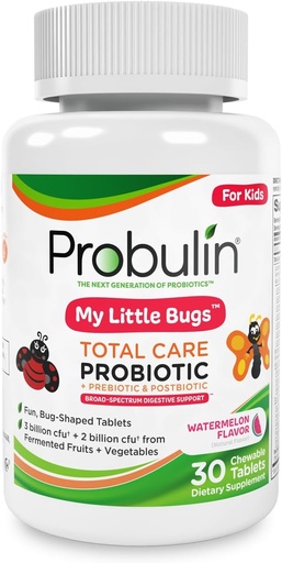 [BRSWGAD6OYNB6H32] Probulin Total Care Kids Probiotic Chewable Tablets, My Little Bugs Prebiotikoak, Probiotikoak eta postbiotikoak Chew gehigarriak, 5 Billion CFU, 15 Strains, 30 Count botila