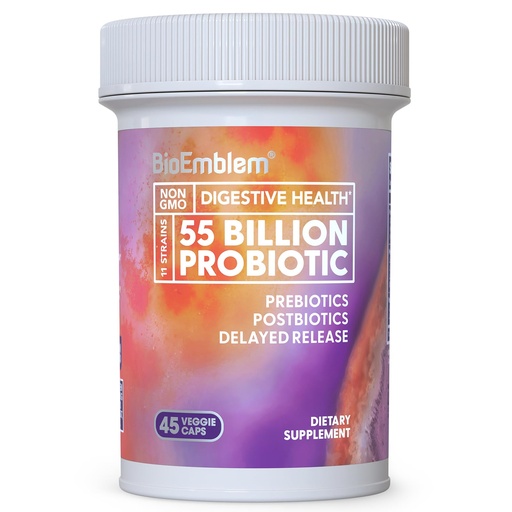 [BRSRAZIBB54BSHLU] BioEmblem Probiotics for Women & Men – 55 Billion CFU | 11 Strains with Prebiotics & Postbiotics | Jerusalem Artichoke & Inulin | Digestive & Immune Support, Nutrient Absorption | Non-GMO,45 Capsules