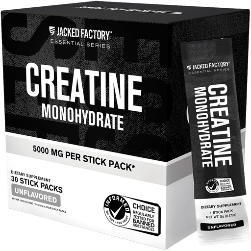[BRSRGBIPOUPBAELK] Jacked Factory Creatine Monohydrate Stick Packs 150g - 5g Daily Creatine Supplement for Men and Women, Vegan-Friendly, Third-Party Tested - 30 Servings, Unflavored