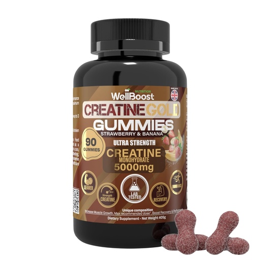 [BRSREGQBCMCAO3TH] WellBoost Creatine Gold – 5000mg Creatine Monohydrate, Vegan, Sugar-Free Gummies for Lean Muscle Growth, Endurance, Recovery & Energy (1 Month Supply) in Starwberry and Banana Flavour.