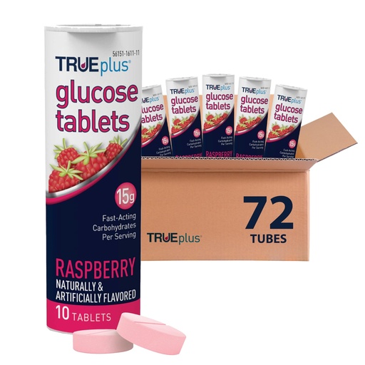 [BRSREAD4OIFR63L3] TRUEplus Glucose Tablets, Chewable, Raspberry Flavor, 15g Fast-Acting Carbohydrates, Fat Free, Gluten Free, Boost Energy, 10 Count, 72 Tubes