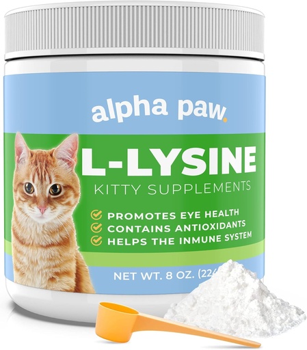 [BRSWY2QCDN5BOE3D] Alpha Paw - Human Grade for Pets - Cat Lysine Supplement - Extra Servings 5-10 Month Supply - Natural Lysine (8 Ounces/227 Grams)