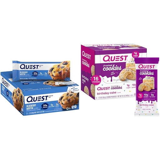 [BRSRAYYYCAAWYAL3] Quest Nutrition Blueberry Muffin Protein Bars 12 Count & Frosted Cookies Twin Pack Birthday Cake 16 Cookies