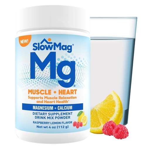 [BRSROBQQCN6AEEQV] SlowMag® Magnesium Powder, Magnesium + Calcium Supplement Drink Mix, Raspberry Lemon Flavor, Supports Muscle Relaxation & Heart Health, 4oz