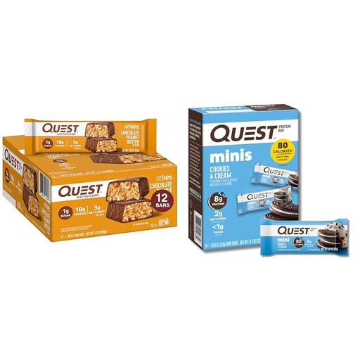 [BRSRAYIKDENWGYA4] Quest Nutrition Crispy Chocolate Peanut Butter Hero Protein Bar 18g Protein 1g Sugar 3g Net Carb Gluten Free Keto Friendly 12 Count and Mini Cookies & Cream Protein Bars High Protein Low Carb Keto Friendly 14 Count