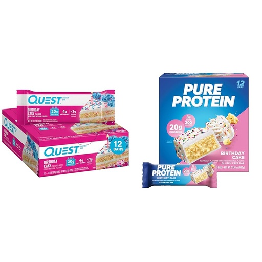 [BRSRAYYYDIORYD3L] Quest & Pure Protein Birthday Cake Bars, High Protein, Gluten Free, 12 Count Protein Bars