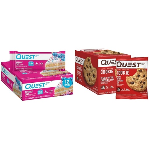 [BRSRAYYYCAOQKADB] Quest Birthday Cake Protein Bars (12 Count) and Peanut Butter Chocolate Chip Protein Cookies (12 Count) Bundle