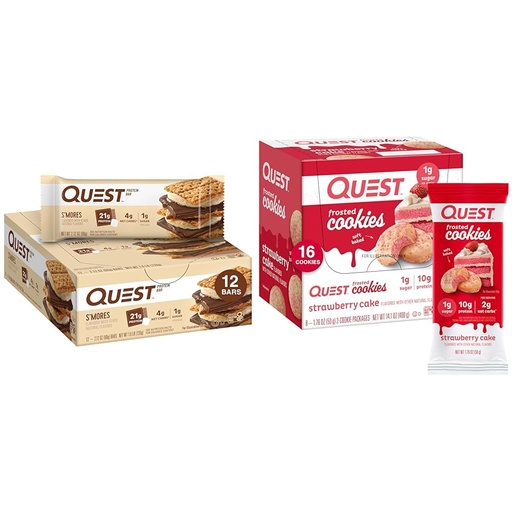 [BRSRAY33CB5WE2TZ] Quest S'mores Protein Bar 12 Count & Strawberry Cake Frosted Cookie Twin Pack with 16 Cookies, High Protein, Low Carb, Gluten Free