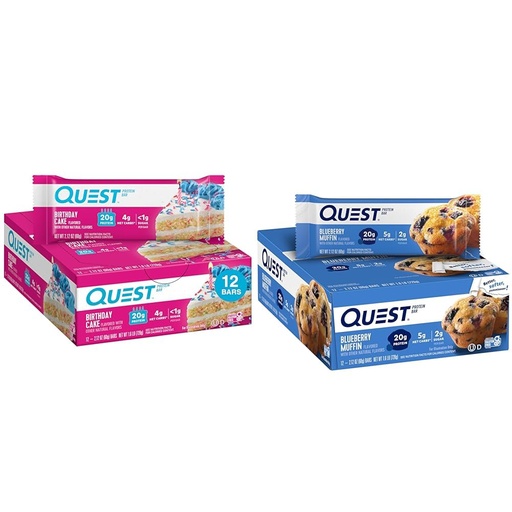 [BRSROCYOCIBQMC3D] Quest Nutrition Birthday Cake Protein Bars, High Protein, Low Carb, Gluten Free, Keto Friendly, 12 Count & Blueberry Muffin Protein Bars, High Protein, Low Carb, Gluten Free, Keto Friendly, 12 Count