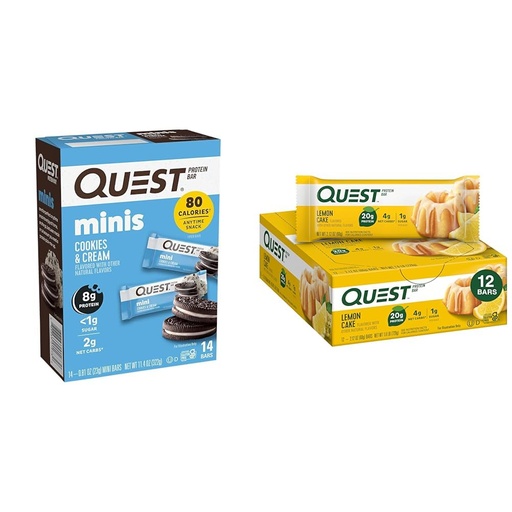 [BRSROBIPA56WOCDF] Quest Nutrition Mini Cookies & Cream Protein Bars, High Protein, Low Carb, Keto Friendly, 14 Count & Lemon Cake Protein Bars, High Protein, Low Carb, Gluten Free, Keto Friendly, 12 Count (Pack of 1)