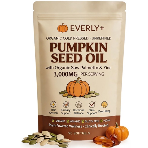 [BRSRGCYPOB5BAYDB] Everly Pumpkin Seed Oil with Saw Palmetto, ColdPressed, Pure Virgin Oil, Rich inEssential Fatty Acids, Cold PressedPumpkin Seed Oil Capsules, Non-GMO,90 SOFTGELS 1PCS